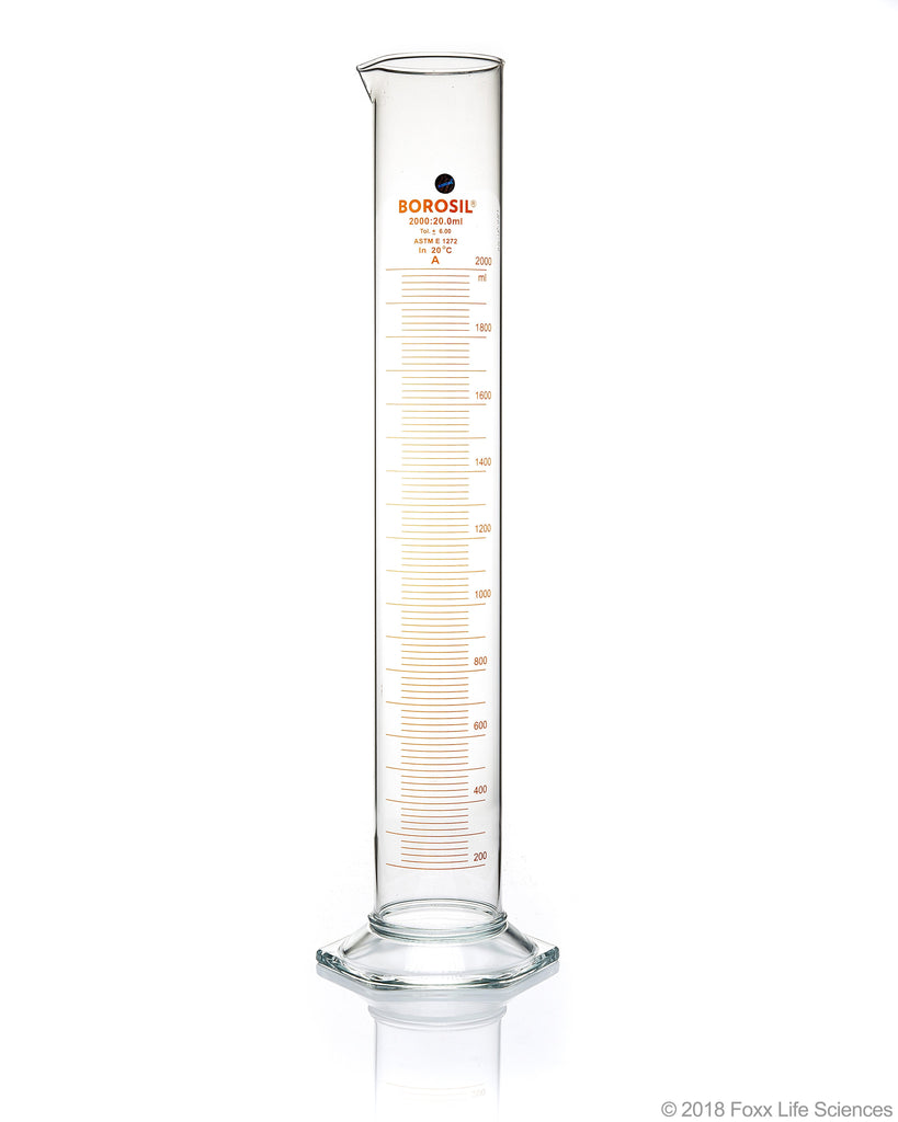 Graduated Measuring Cylinder Hexagonal Base - 2000 mL Borosilicate - CS/4
