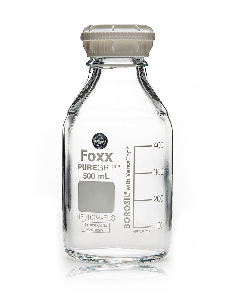 PUREGRIP® Bottles - Reagent - Transparent Graduated with GL45 Screw Cap and Pouring Ring - 500 mL - 10/case