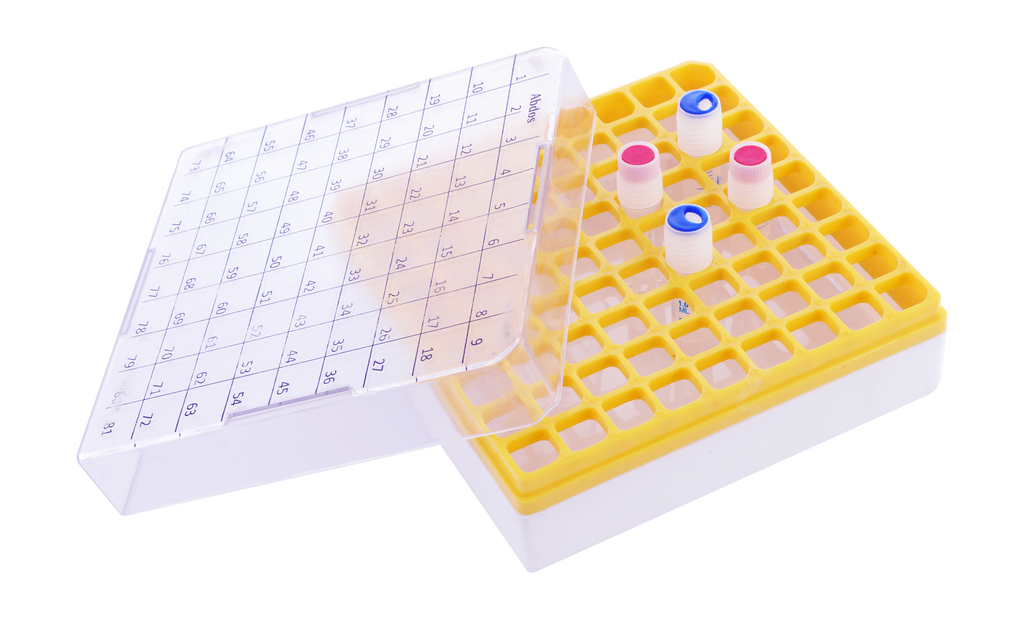 Abdos Cryo Box, Polycarbonate (PC) for 1.0 and 2.0ml, 81 Place with a 9 x 9 Array Available in White, Yellow, and Blue, 4/CS
