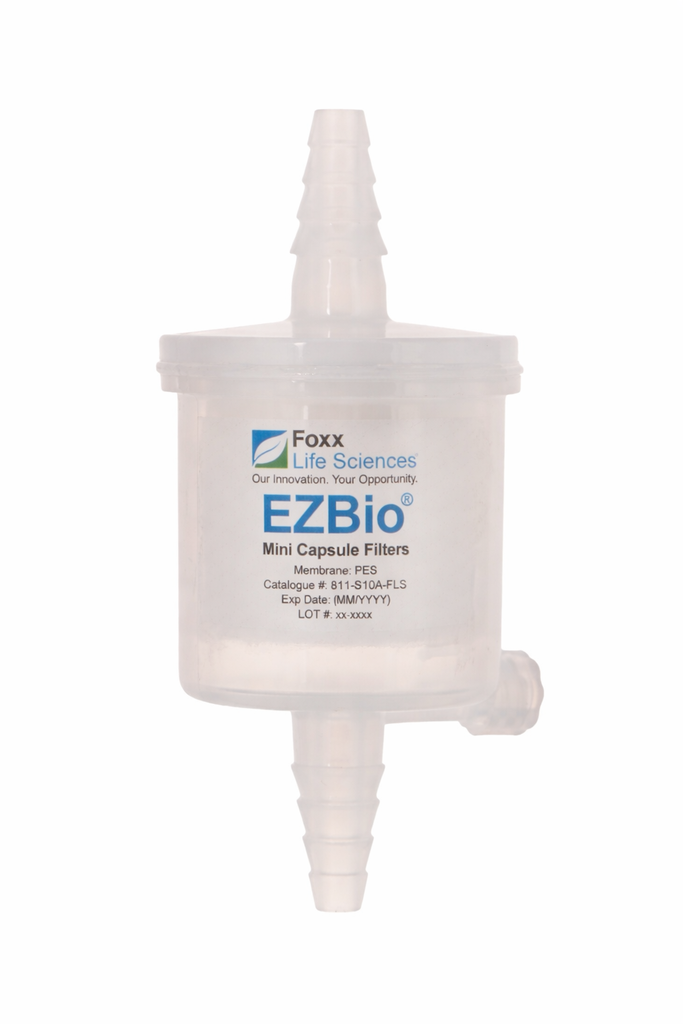 Foxx Life Sciences EZBio mini capsule filter on a white background
