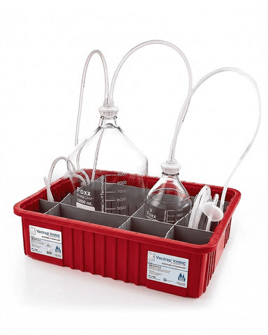 Red lab stand with beakers and bottles on a white background