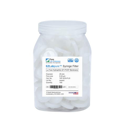 EZlabpure 25mm Syringe Filters – 0.22µm Hydrophilic PVDF w/ GF Prefilter, Non-Sterile  Foxx Life Sciences | img_1 | Foxx Life Sciences Global | shopfls.com