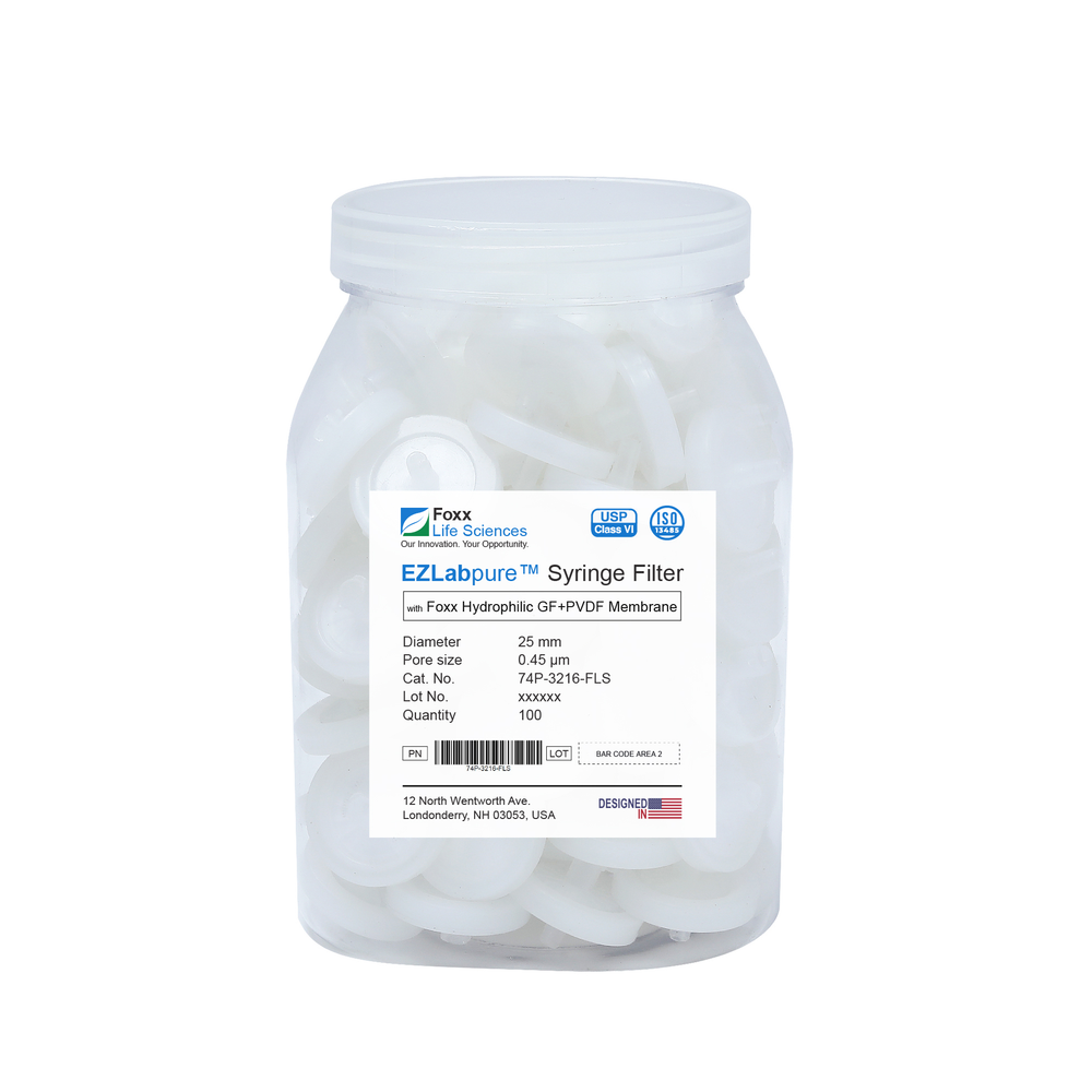 EZlabpure 25mm Syringe Filters – 0.45µm Hydrophilic PVDF w/ GF Prefilter, Non-Sterile  Foxx Life Sciences | img_1 | Foxx Life Sciences Global | shopfls.com
