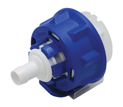 Blue and white mechanical component on a white background