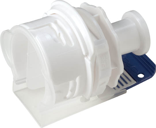 Blue and white mechanical component on a white background