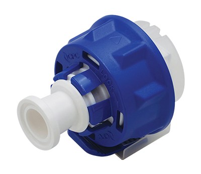 Blue and white mechanical component on a white background