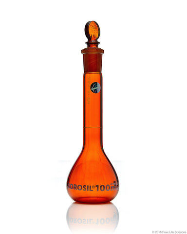 Amber Volumetric Flask - Wide Neck - With Glass I/C Stopper - Class A with Batch certificate - 100mL