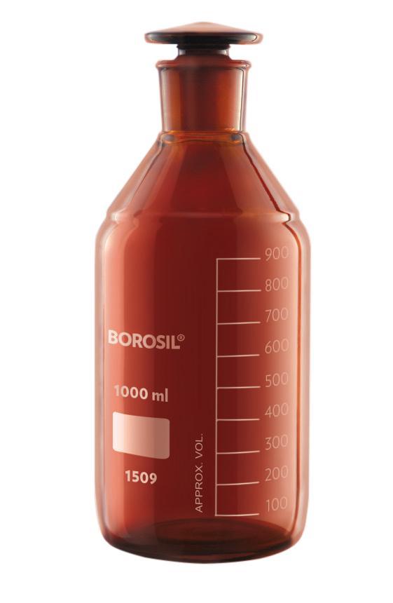 Borosil® Bottles - Reagent - Amber - with Stoppers - 125mL - 19/26 - CS/50