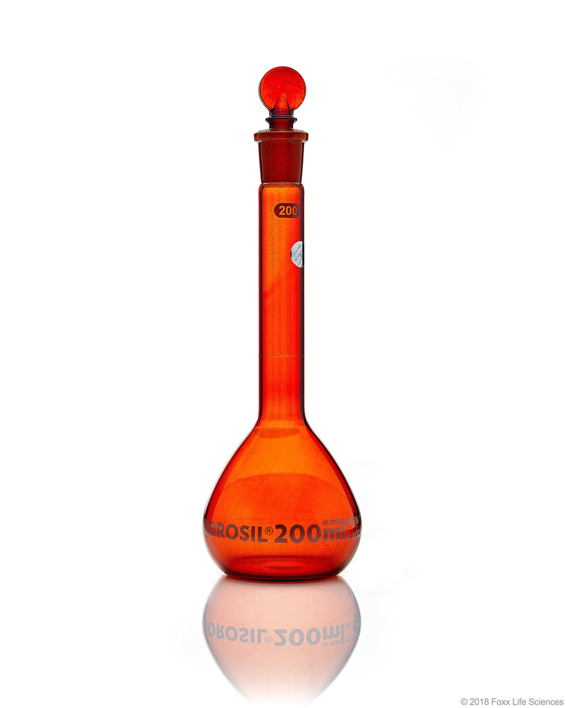 Amber Volumetric Flask - Wide Neck - With Glass I/C Stopper - Class A with Batch certificate - 200mL