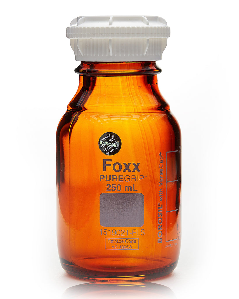 PUREGRIP® Bottles - Reagent - Amber Graduated with GL45 Screw Cap and Pouring Ring - 250mL - 10/case