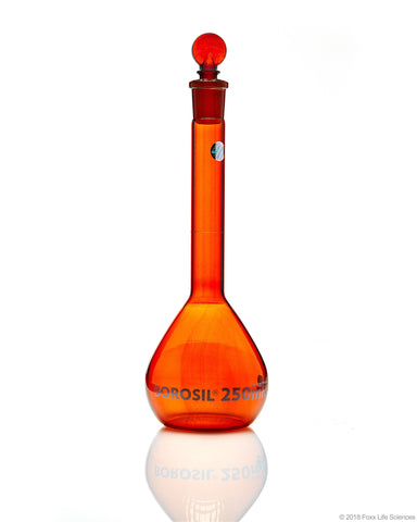 Amber Volumetric Flask - Wide Neck - With Glass I/C Stopper - Class A with Batch certificate - 250mL