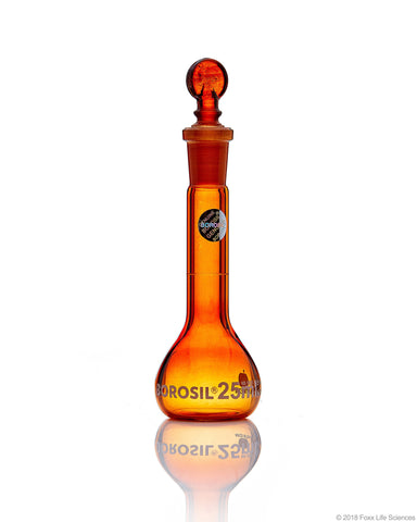 Amber Volumetric Flask - Wide Neck - With Glass I/C Stopper - Class A - Ind Cert 25 mL - 5/CS