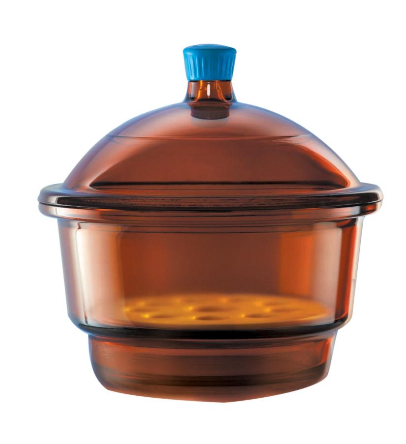 Borosil® Light Blocking Amber Glass Desiccator with Porcelain Plate and Borosilicate Lid with Plastic Knob - Medium (M) - 250 mm Diameter - 1/EA