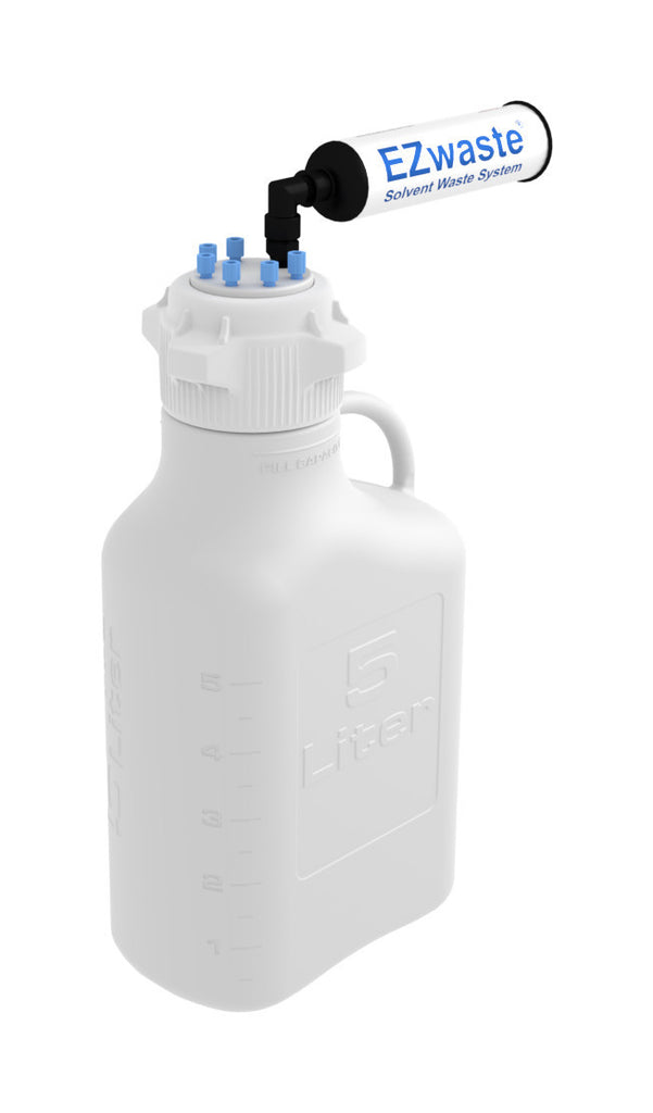 EZwaste® Safety Vent Carboy 5L HDPE with VersaCap® 83mm, 6 Ports for 1/8'' OD Tubing and a Chemical Exhaust Filter