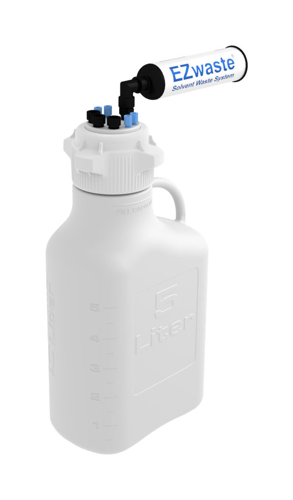 EZwaste® Safety Vent Carboy 5L HDPE with VersaCap® 83mm, 4 ports for 1/8" OD Tubing, 3 ports for 1/4" OD Tubing