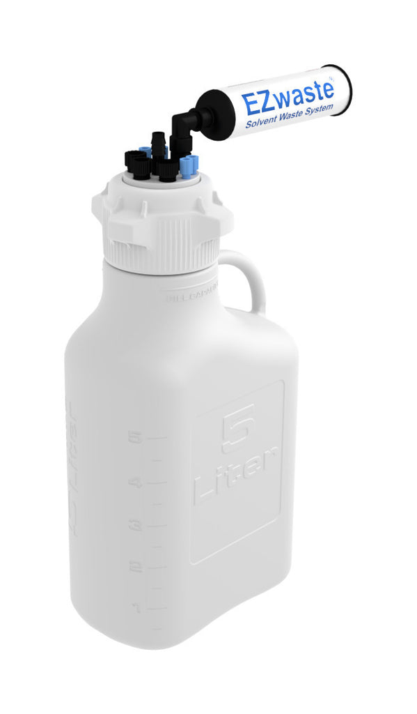 EZwaste® Safety Vent Carboy 5L HDPE with VersaCap® 83mm, 4 ports for 1/8" OD Tubing, 3 ports for 1/4" OD Tubing, 1 port for 1/4" HB or 3/8" HB