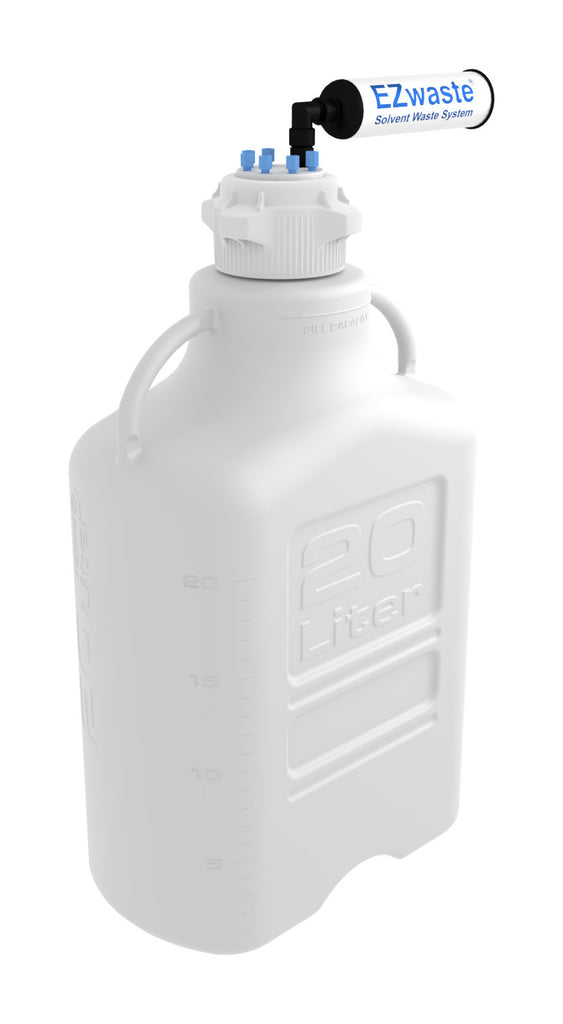 EZwaste® Safety Vent Carboy 20L HDPE with VersaCap® 83mm, 6 Ports for 1/8'' OD Tubing and a Chemical Exhaust Filter