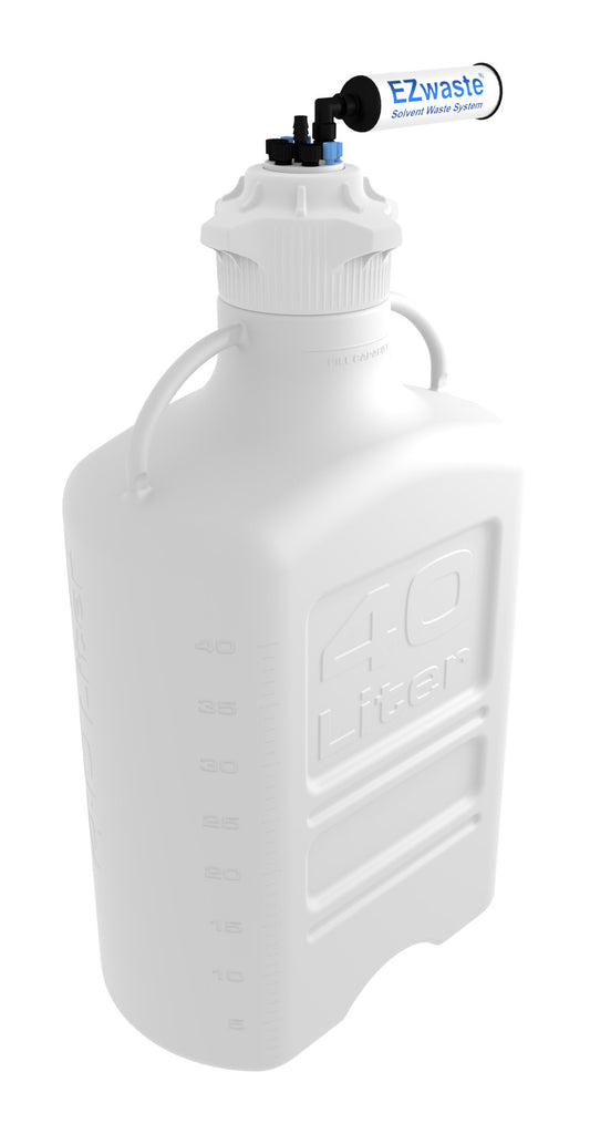 EZwaste® XL Safety Vent Carboy 40L HDPE with VersaCap® 120mm, 4 Ports for 1/8" OD Tubing, 3 Ports for 1/4" OD Tubing, 1 Port for 1/4" HB or 3/8" HB and a Chemical Exhaust Filter