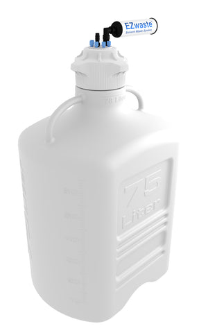 EZwaste® XL Safety Vent Carboy 75L HDPE with VersaCap® 120mm, 6 Ports for 1/8" OD Tubing, 1 Port for 1/4" HB or 3/8" HB Adapter  and a Chemical Exhaust Filter