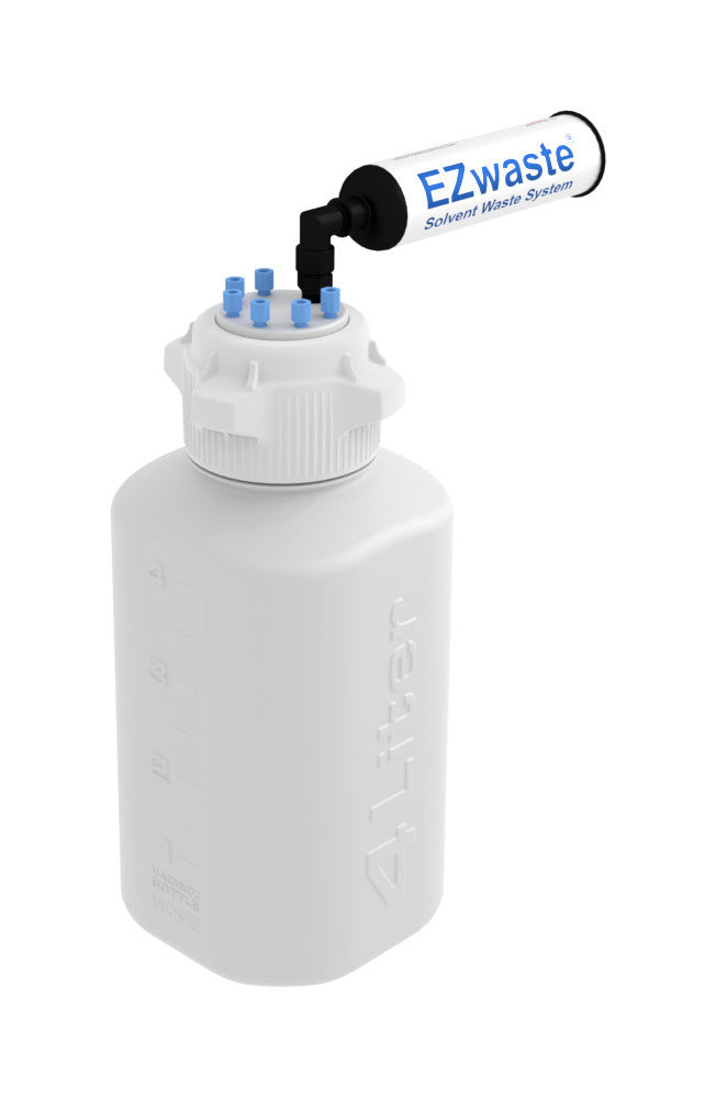 EZwaste® Safety Vent Bottle 4L HDPE with VersaCap® 83mm, 6 Ports for 1/8'' OD Tubing and a Chemical Exhaust Filter
