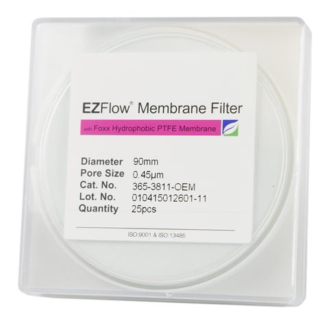 25 pack EZFlow® 90mm 0.45µm Hydrophobic PTFE Membrane Disc Filter