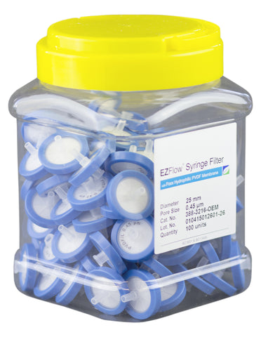 25mm Syringe Filter, .45μm Hydrophilic PVDF, 100/pack