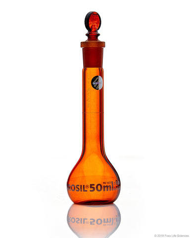 Amber Volumetric Flask - Wide Neck - With Glass I/C Stopper - Class A - Ind Cert 50 mL